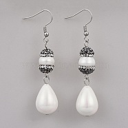 Alloy Dangle Earrings, with Shell Pearl, Polymer Clay Rhinestone and Stainless Steel Findings, teardrop, Stainless Steel Color, 61.2~62.6mm, Pendant: 43.5~44.7x13.1x13.1m, Pin: 0.6mm(EJEW-JE03147-02)