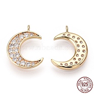 925 Sterling Silver Micro Pave Cubic Zirconia Pendants, Moon Charms, Nickel Free, Real 18K Gold Plated, 15x11x1.5mm, Hole: 1.2mm(CHS-T004-36G)