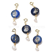 Wire Wrapped Natural Lapis Lazuli Flat Round Pendant Decorations, Natural Pearl Ornament with Brass Spring Ring Clasps, Real 14K Gold Plated, 38.5~39mm(KK-H445-09G)