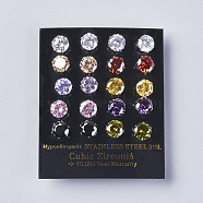 Cubic Zirconia Stud Earrings, with 304 Stainless Steel Findings, Mixed Color, 16x8mm, Pin: 0.6mm(EJEW-I209-09-8mm)