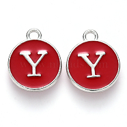 Platinum Plated Alloy Enamel Charms, Cadmium Free & Lead Free, Enamelled Sequins, Flat Round with Letter, Red, Letter.Y, 14x12x2mm, Hole: 1.5mm(ENAM-S118-03Y-P)