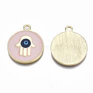Alloy Enamel Pendants, Real 16K Gold Plated, Cadmium Free & Nickel Free & Lead Free, Flat Round with Hamsa Hand/Hand of Fatima/Hand of Miriam and Evil Eye, Misty Rose, 24.5x21x2.5mm, Hole: 2mm(X-ENAM-Q441-003-NR)