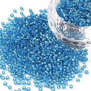 11/0 Grade A Transparent Glass Seed Beads, Silver Lined Round Hole, Round, Deep Sky Blue, 2x1.5mm, Hole: 0.3mm, about 3000pcs/50g(X-SEED-Q007-F45)