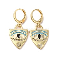Horse Eye Real 18K Gold Plated Brass Dangle Leverback Earrings, with Enamel and Cubic Zirconia, Dark Turquoise, 33x15mm(EJEW-Q797-24G-03)