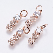 Brass Micro Pave Cubic Zirconia Pendants, Cadmium Free & Lead Free, Real Rose Gold Plated, 15x4x3mm, Hole: 3mm(RB-I077-13RG-RS)