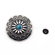 1-Hole Alloy & Turquoise Buttons, Flat Round with Chrysanthemum Pattern, for DIY Luggage and Hardware Accessaries, Steel Blue, 30x8.8~9.3mm, Hole: 2.5mm(PALLOY-WH0092-09D-P)