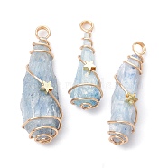 Electroplated Natural Quartz Crystal Dyed Copper Wire Wrapped Pendants, Teardrop Charms with Brass Star, Golden, Sky Blue, 28~39x8~12x8mm, Hole: 4mm(PALLOY-JF02326-04)