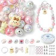 DIY Candy Color Keychain Making Kit, Including Resin Pendants, Alloy Spring Gate Rings, Acrylic Beads, Cube & Bowknot & Bear & Cat Paw, Pink, 97Pcs/bag(DIY-FS0005-32)
