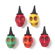 Halloween Theme Dyed Synthetic Turquoise Pendants, Skull Charms with Black Alloy Witch Hat, Mixed Color, 28~28.5x14.5x17mm, Hole: 2x1.7mm(PALLOY-JF02658)