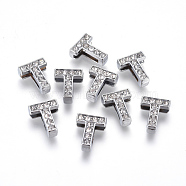 Alloy Initial Slide Charms with Grade A Rhinestones, Lead Free & Nickel Free, Platinum, Letter.T, 12~13x8~13x4~5mm, Hole: 8x2mm(ALRI-R032-T-FF)