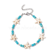 Synthetic Turquoise Starfish Beaded Bracelets for Women, Dark Turquoise, 7-3/8 inch(18.8cm)(BJEW-TA00386)