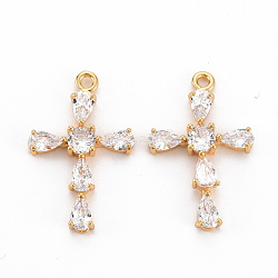 Brass Clear Cubic Zirconia Pendants, Nickel Free, Cross, Real 18K Gold Plated, 24x15x3mm, Hole: 1.5mm(KK-N233-103-NF)