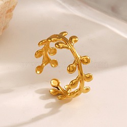 304 Stainless Steel Open Cuff Rings, Leaf, Real 18K Gold Plated, 8mm, Adjustable (RJEW-M072-08G)