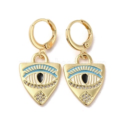 Horse Eye Real 18K Gold Plated Brass Dangle Leverback Earrings, with Enamel and Cubic Zirconia, Dark Turquoise, 33x15mm(EJEW-Q797-24G-03)