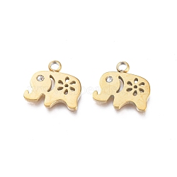 Ion Plating(IP) 304 Stainless Steel Charms, Manual Polishing, with Crystal Rhinestone, Elephant, Golden, 11x12x1.2mm, Hole: 1.8mm(X-STAS-L245-005G)