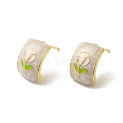 Flower Alloy Enamel Half Hoop Stud Earrings for Women, Golden, 13.5x9.5mm(EJEW-K282-01G)