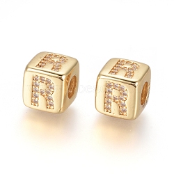 Brass Micro Pave Cubic Zirconia European Beads, Horizontal Hole, Large Hole Beads, Long-Lasting Plated, Cube with Letter, Golden, Clear, Letter.R, 9x9x9.5mm, Hole: 4.5mm(ZIRC-G162-13G-R)