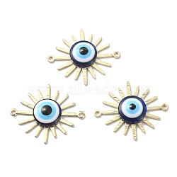 Brass Sun Connector Charms, Blue Evil Eye Resin Links, Long-Lasting Plated, Real 14K Gold Plated, 23x27x4.5mm, Hole: 1.2mm(PALLOY-JF02115)