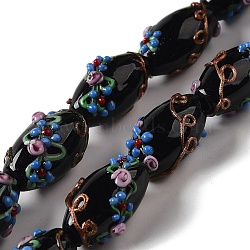 Handmade Lampwork Beads, Rice wit Flower, Black, 23x12~13mm, Hole: 1.6mm(LAMP-J089-D03-A)