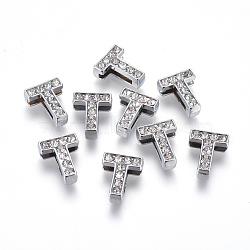 Alloy Initial Slide Charms with Grade A Rhinestones, for Personalized Name Necklaces Making, Lead Free & Nickel Free, Platinum, Letter.T, 12~13x8~13x4~5mm, Hole: 8x2mm(ALRI-R032-T-FF)