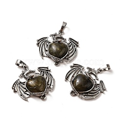 Natural Labradorite Heart Pendants, Dragon Charms, with Rack Plating Antique Silver Plated Brass Findings, Lead Free & Cadmium Free, 33x33.5~34x7~7.5mm, Hole: 8x5mm(KK-K331-01AS-04)