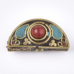 Handmade Indonesia Beads, with Brass Findings and Synthetic Turquoise, Half Round/Semicircle, Golden, Dark Turquoise, 16x31x7.5mm, Hole: 2mm(IPDL-S053-130)