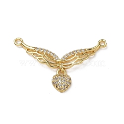 Brass Micro Pave Clear Cubic Zirconia Pendants, Wing with Heart Charms, Golden, 18x29x2.5mm, Hole: 1.2mm(CU-CBA5C42-12G)