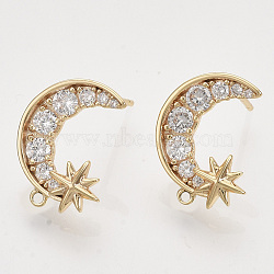 Brass Micro Pave Clear Cubic Zirconia Stud Earring Findings, with Loop, Nickel Free, Moon with Star, Real 18K Gold Plated, 16x13mm, Hole: 1mm, Pin: 0.9mm(KK-T054-53G-NF)