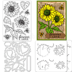 1Pc Carbon Steel Cutting Dies Stencils, with 1 Sheet PVC Plastic Stamps and 1 Set PET Hollow Out Drawing Painting Stencils, for DIY Scrapbooking, Craft, Sunflower Pattern, Stamp: 160x110x3mm, Cutting Dies: 117x135x0.8mm(DIY-GL0004-13)