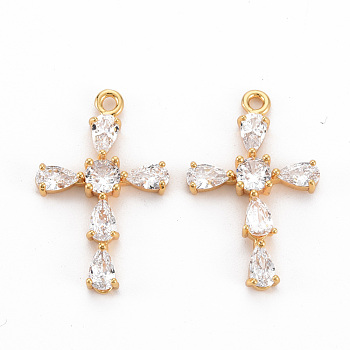 Brass Clear Cubic Zirconia Pendants, Nickel Free, Cross, Real 18K Gold Plated, 24x15x3mm, Hole: 1.5mm