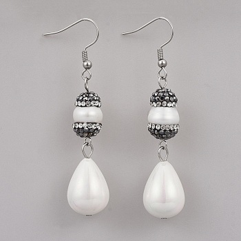 Alloy Dangle Earrings, with Shell Pearl, Polymer Clay Rhinestone and Stainless Steel Findings, teardrop, Stainless Steel Color, 61.2~62.6mm, Pendant: 43.5~44.7x13.1x13.1m, Pin: 0.6mm