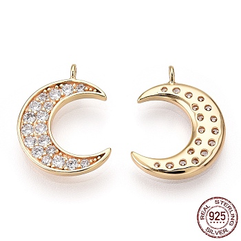 925 Sterling Silver Micro Pave Cubic Zirconia Pendants, Moon Charms, Nickel Free, Real 18K Gold Plated, 15x11x1.5mm, Hole: 1.2mm
