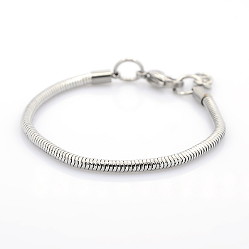 304 Stainless Steel European Style Round Snake Chains Bracelets, with Lobster Claw Clasp, Stainless Steel Color, 163x3mm