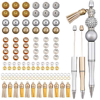 DIY Beadable Pen Making Kit, Including Acrylic Round & Resin Rondelle & Rhinestone Spacer Beads, Tassel Pendant, Ball-point Pen, Gold, 136Pcs/bag
