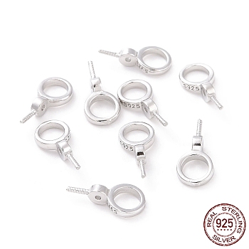 Rhodium Plated 925 Sterling Silver Screw Eye Peg Bails, Ring, For Half-drilled Beads, Platinum, 12x6x3mm, Hole: 4mm, Pin: 0.7mm