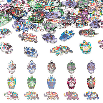 75Pcs 15 Style Alloy Enamel Pendants, Platinum, Owl/Skull/Elephant, Mixed Color, 23x13x2~2.5mm, Hole: 1.6mm, 5pcs/style