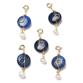 Wire Wrapped Natural Lapis Lazuli Flat Round Pendant Decorations, Natural Pearl Ornament with Brass Spring Ring Clasps, Real 14K Gold Plated, 38.5~39mm