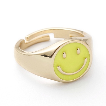 Adjustable Brass Enamel Finger Rings, Long-Lasting Plated, Smiling Face, Real 18K Gold Plated, Green Yellow, US Size 7 1/4(17.5mm)