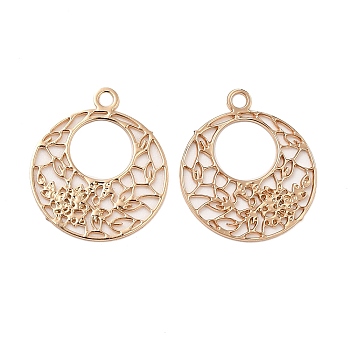 Long-Lasting Plated Brass Filigree Charms, Flat Round with Flower Charm, Light Gold, 14x12x0.3mm, Hole: 1.2mm