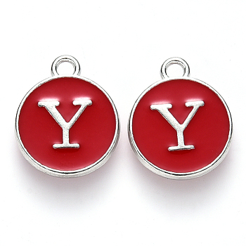 Platinum Plated Alloy Enamel Charms, Cadmium Free & Lead Free, Enamelled Sequins, Flat Round with Letter, Red, Letter.Y, 14x12x2mm, Hole: 1.5mm