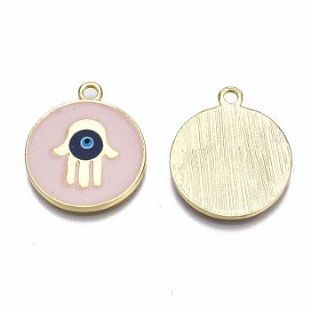 Alloy Enamel Pendants, Real 16K Gold Plated, Cadmium Free & Nickel Free & Lead Free, Flat Round with Hamsa Hand/Hand of Fatima/Hand of Miriam and Evil Eye, Misty Rose, 24.5x21x2.5mm, Hole: 2mm