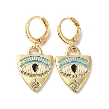 Horse Eye Real 18K Gold Plated Brass Dangle Leverback Earrings, with Enamel and Cubic Zirconia, Dark Turquoise, 33x15mm
