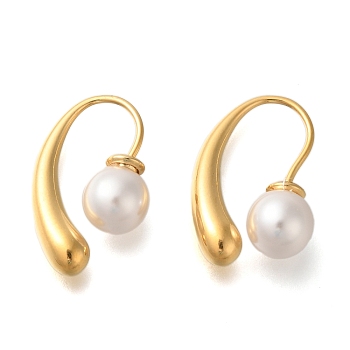 Ion Plating(IP) 304 Stainless Stell Cuff Earring, with Plastic Pearl, Round, Real 18K Gold Plated, 23x5mm