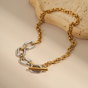 Two Tone 304 Stainless Steel Oval Link Cable Chain OT Necklaces for Women, Golden & Stainless Steel Color, 17.52 inch(44.5cm)