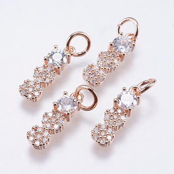Brass Micro Pave Cubic Zirconia Pendants, Cadmium Free & Lead Free, Real Rose Gold Plated, 15x4x3mm, Hole: 3mm