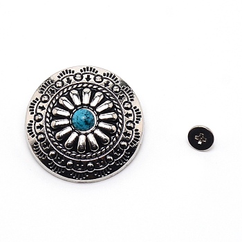 1-Hole Alloy & Turquoise Buttons, Flat Round with Chrysanthemum Pattern, for DIY Luggage and Hardware Accessaries, Steel Blue, 30x8.8~9.3mm, Hole: 2.5mm