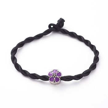 Nylon Thread Cord Bracelets, with European Style Alloy Enamel Large Hole Beads, Flower, Dark Violet, 8-1/8 inch(20.5cm), 3mm