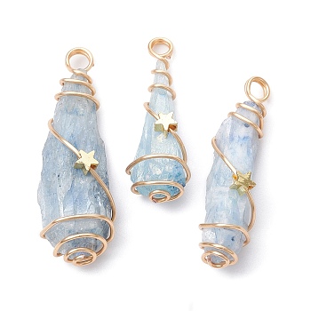 Electroplated Natural Quartz Crystal Dyed Copper Wire Wrapped Pendants, Teardrop Charms with Brass Star, Golden, Sky Blue, 28~39x8~12x8mm, Hole: 4mm