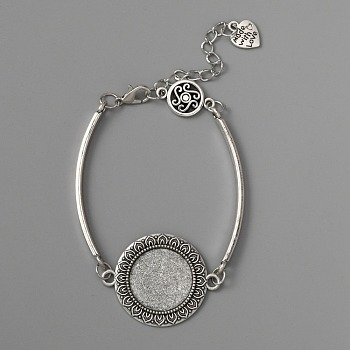 Alloy Link Bracelet Making, with Flat Round Cabochon Settings & Curved Bar Links & Chain Extender, Antique Silver, 6-1/2 inch(16.5cm), Tray: 20mm