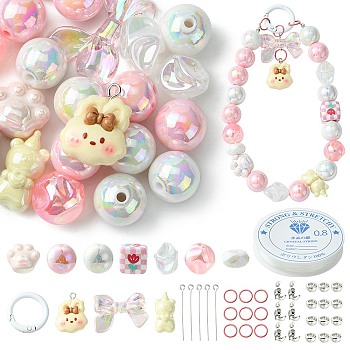 DIY Candy Color Keychain Making Kit, Including Resin Pendants, Alloy Spring Gate Rings, Acrylic Beads, Cube & Bowknot & Bear & Cat Paw, Pink, 97Pcs/bag